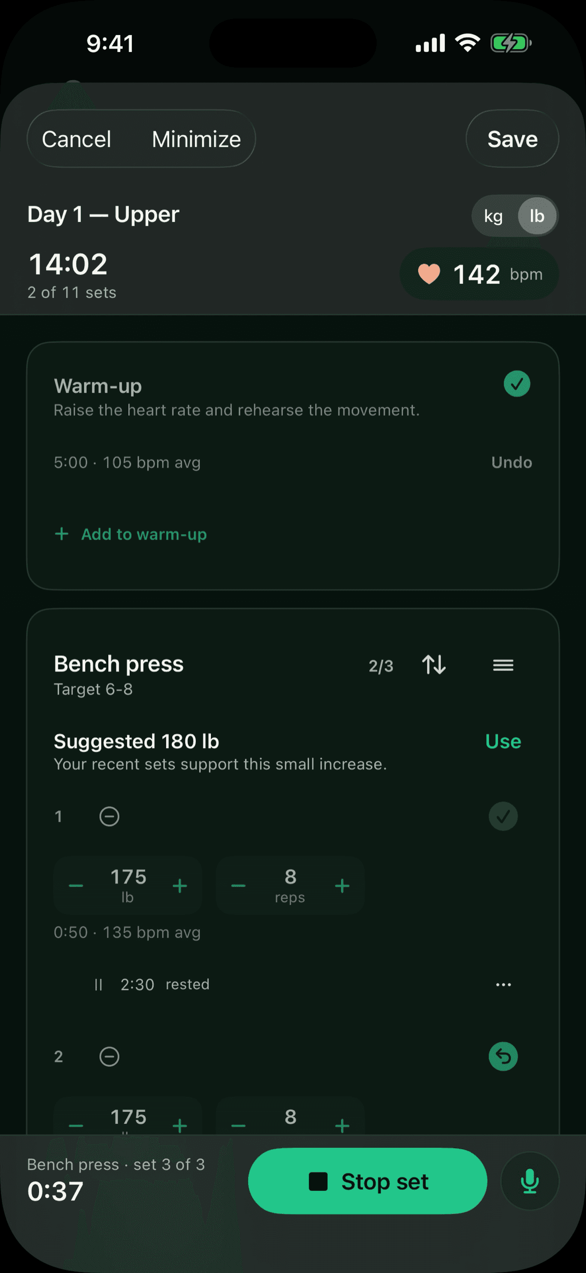 A live workout fourteen minutes in: Day 1 Upper in pounds, 2 of 11 sets done, heart rate 142 bpm, a finished warm-up at 105 bpm average, and bench press with 180 lb suggested, its first set logged at 175 lb for 8 reps at 135 bpm average, with a Stop set button at the bottom for set 3 of 3, 37 seconds in.